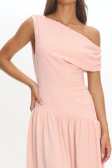 Kloe Asymmetric Shoulder Textured Maxi Dress Peach