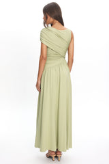 Adiel Ruched Asymmetric Waist Maxi Dress Olive