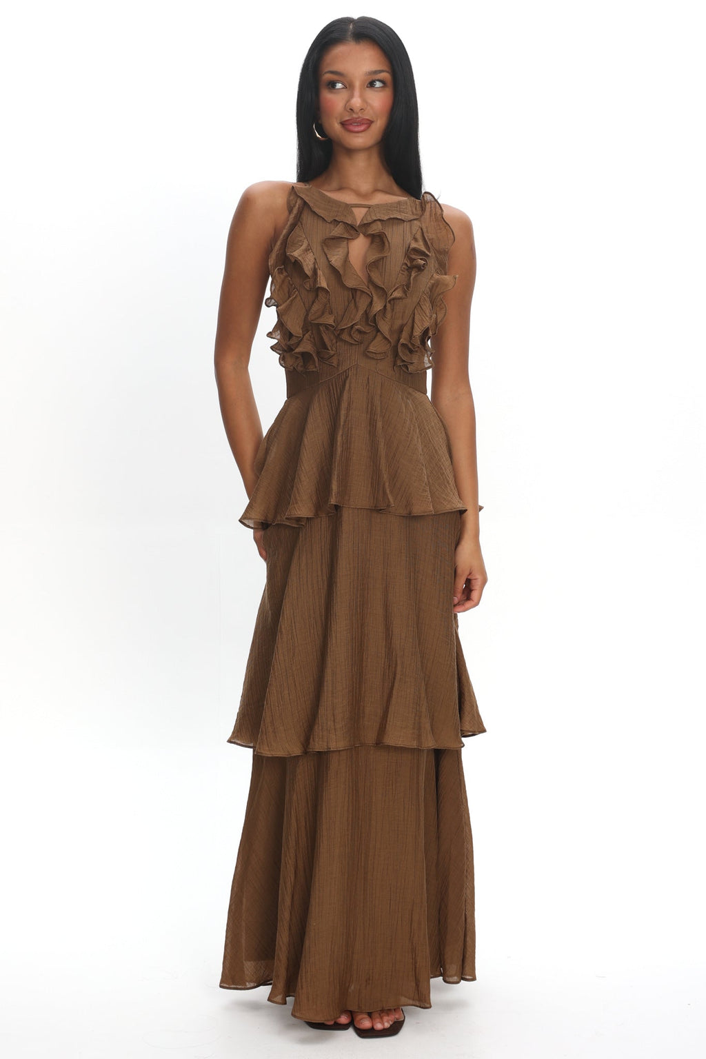 Aurika Tiered Ruffle Maxi Dress Coffee