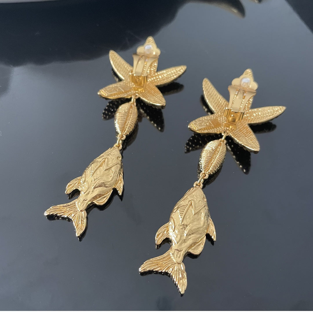 Vintage Fish Pendant Star Fish Clip Earrings