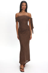 Aurora Sky Off-Shoulder Tie Maxi Dress Lace Chocolate