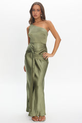 Luli One-Shoulder Waist Sash Maxi Dress Olive