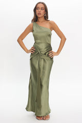 Luli One-Shoulder Waist Sash Maxi Dress Olive