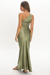Luli One-Shoulder Waist Sash Maxi Dress Olive
