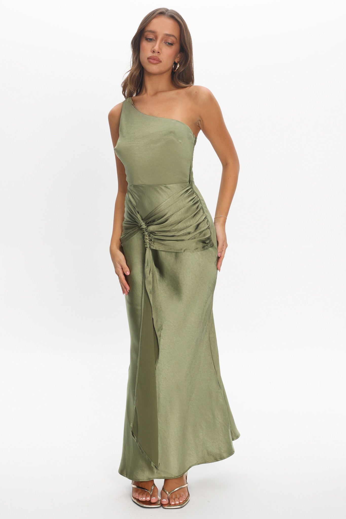 Luli One-Shoulder Waist Sash Maxi Dress Olive