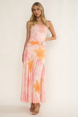 Azure Sun Drop Waist Split Maxi Dress Print Orange