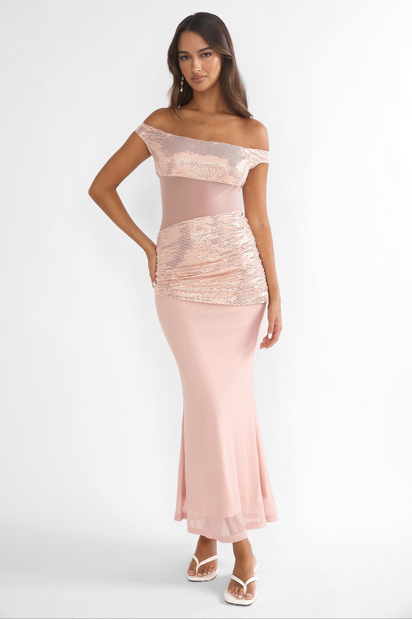 Bellora Off-Shoulder Sequin Trim Maxi Dress Nude