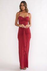 Lunara Ruched Cascade Sash Dress Wine
