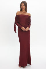 Marlowe Off-Shoulder Sheer Waist Maxi Dress Wine