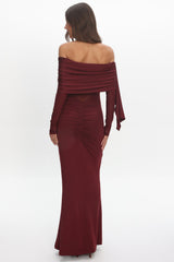 Marlowe Off-Shoulder Sheer Waist Maxi Dress Wine