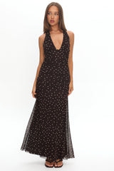 She's The Moment Plunging Halter Maxi Dress Polka Dot Brown