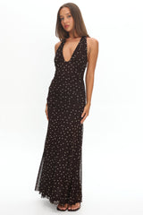 She's The Moment Plunging Halter Maxi Dress Polka Dot Brown