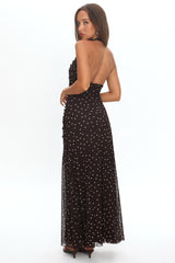 She's The Moment Plunging Halter Maxi Dress Polka Dot Brown