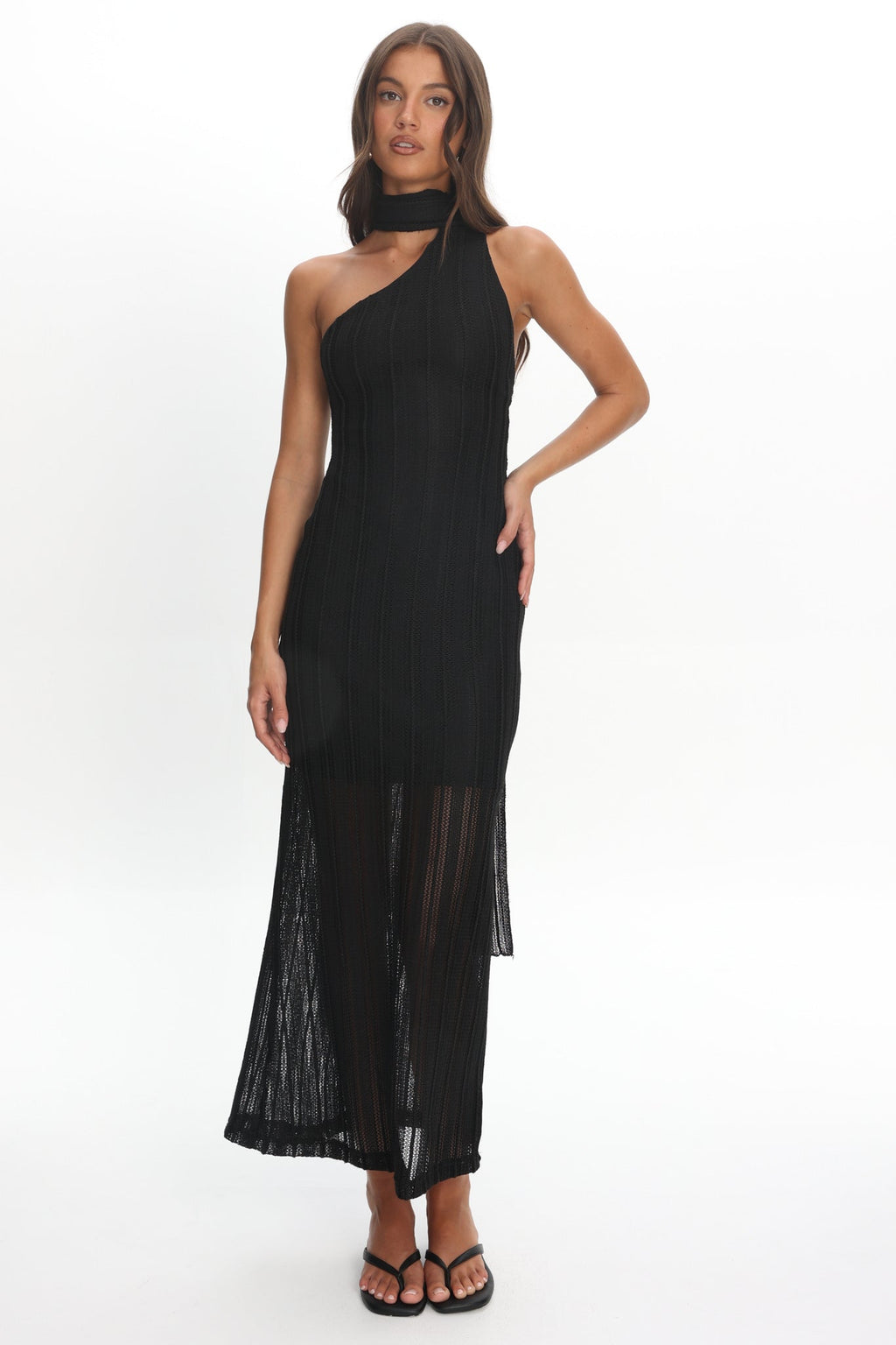 Cozette One-Shoulder Knit Dress Black