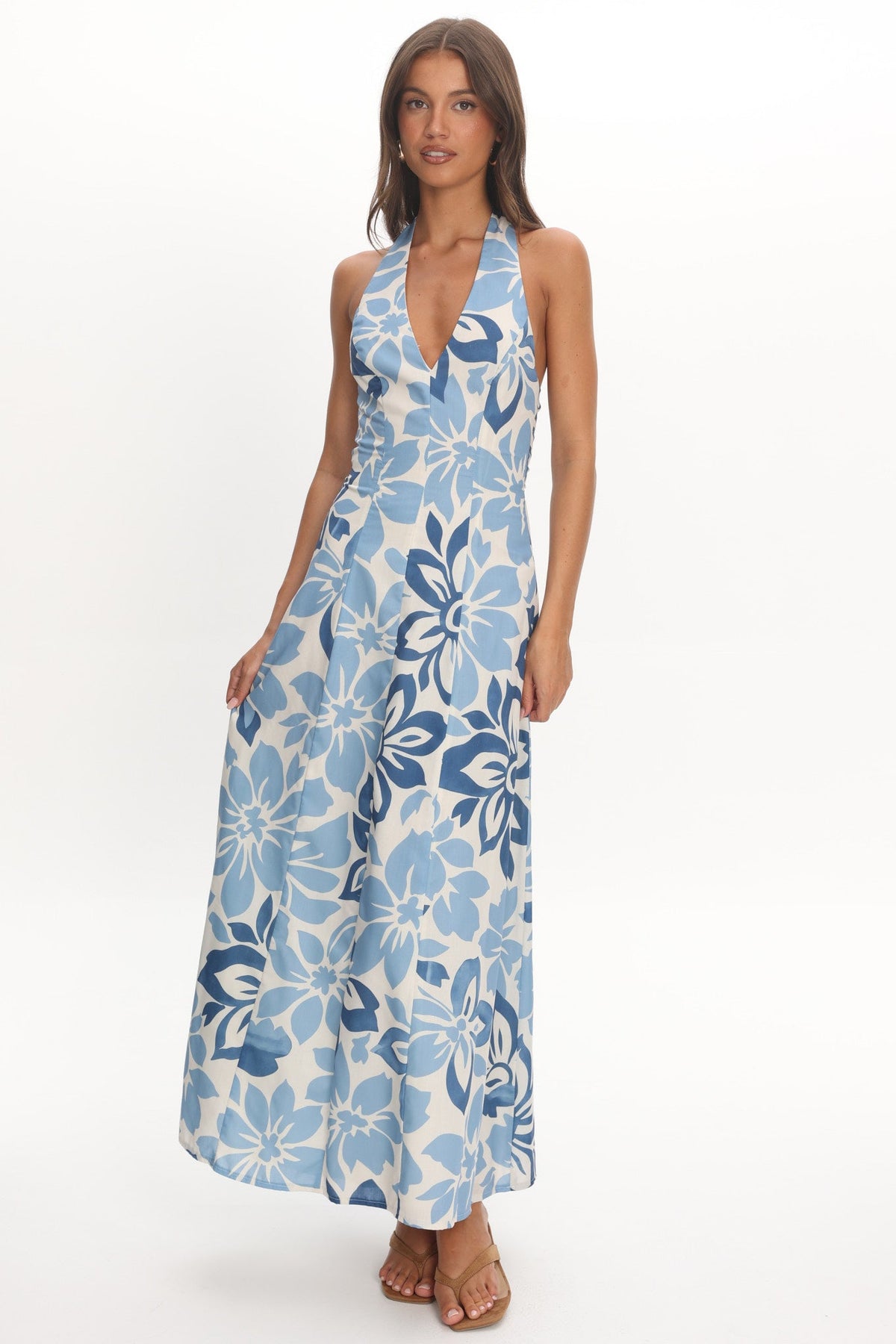 Exhilaration Halterneck Maxi Dress Floral Blue
