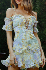 Maranda Bardot Lace-Up Bust Dress Floral Print Yellow