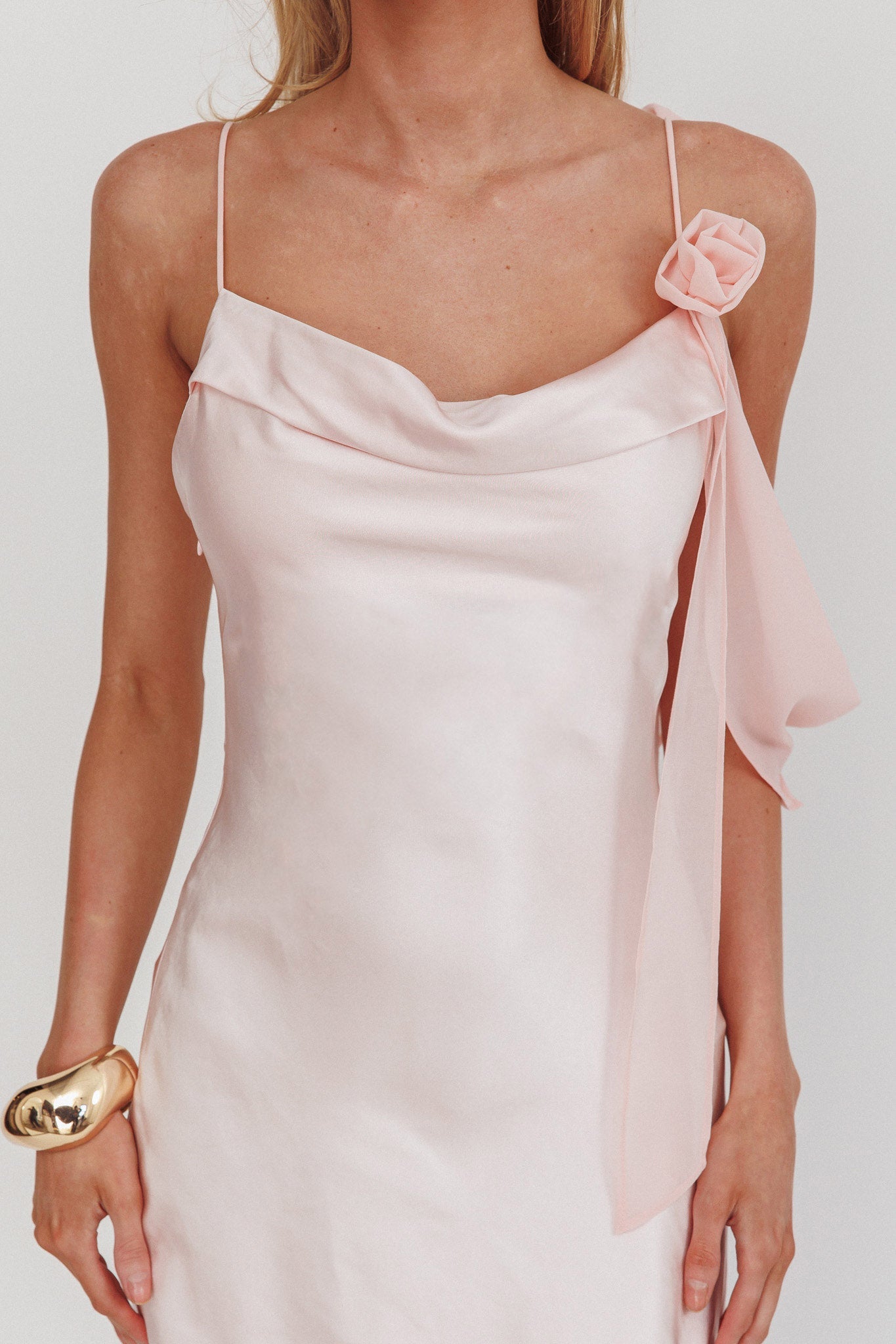 Gilded Dream Shoulder Detail Chiffon Hem Maxi Dress Blush