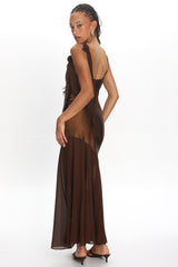 Gilded Dream Shoulder Detail Chiffon Hem Maxi Dress Chocolate