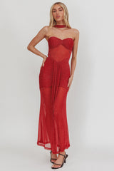 Elma Bandeau Sheer Shimmer Maxi Dress Red