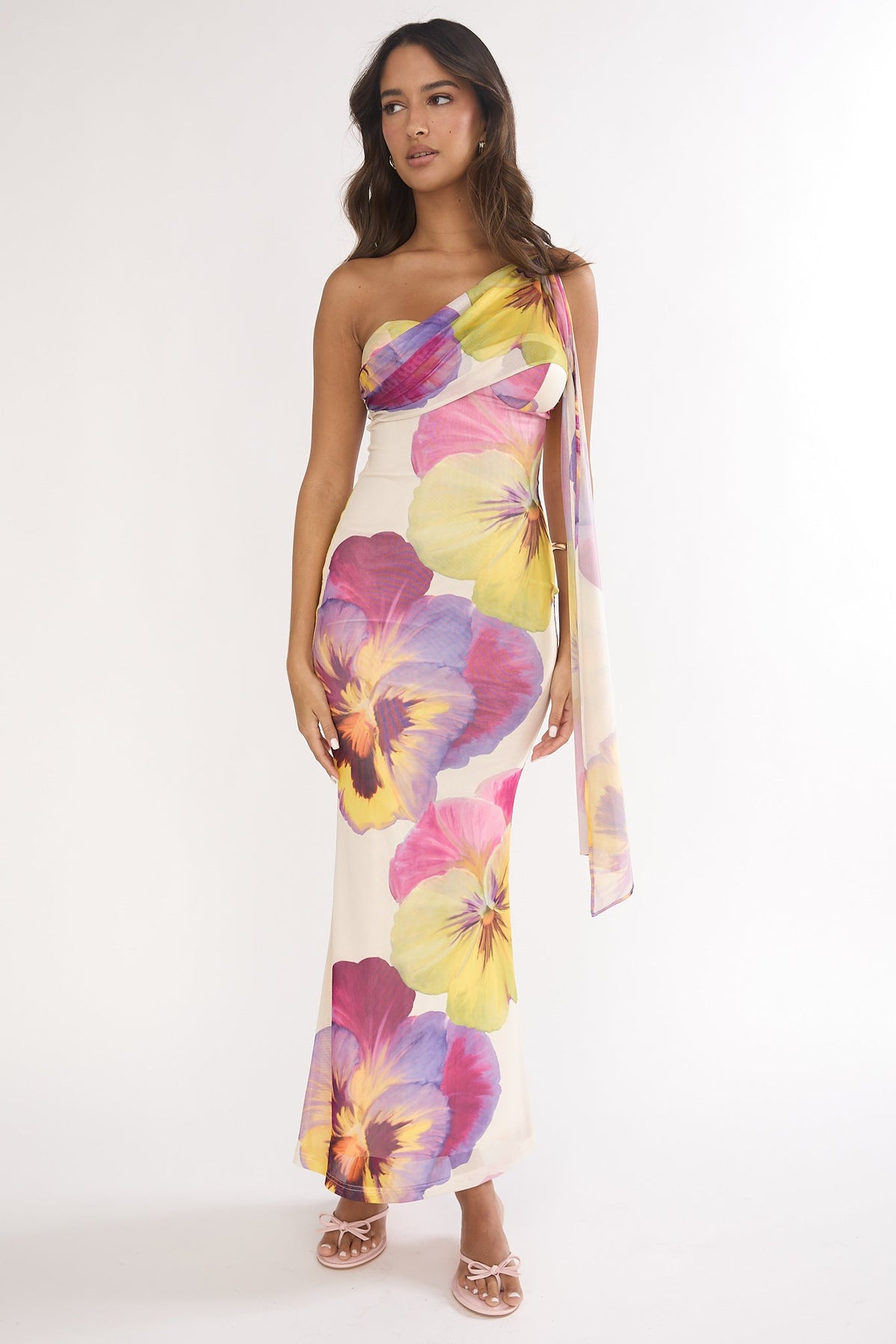 Tallis One-Shoulder Asymmetric Neckline Dress Beige