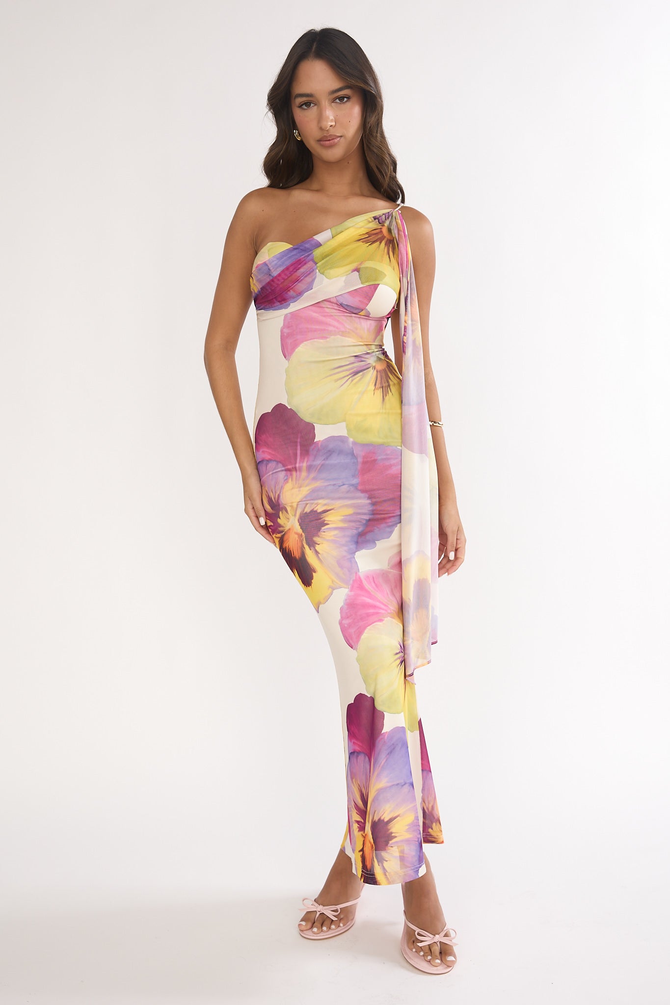 Tallis One-Shoulder Asymmetric Neckline Dress Beige